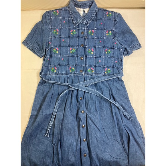 karin stevens Dresses & Skirts - Karin Stevens Vintage 90s Denim Floral Embroidered Midi Dress Blue 6P Cotton